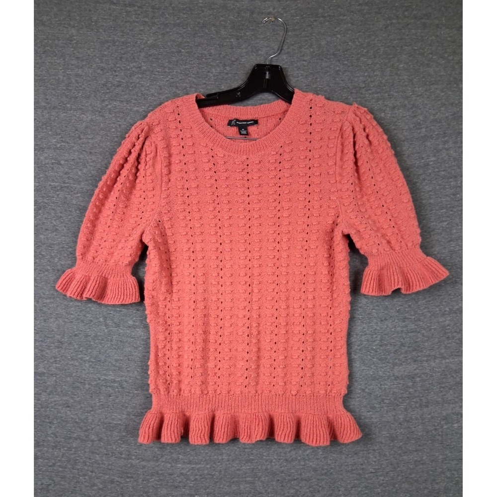 INC Sweater Womens M  Pink Puff‎ Sleeve Ruffle Hem Coquette Boho Peplum Cottage